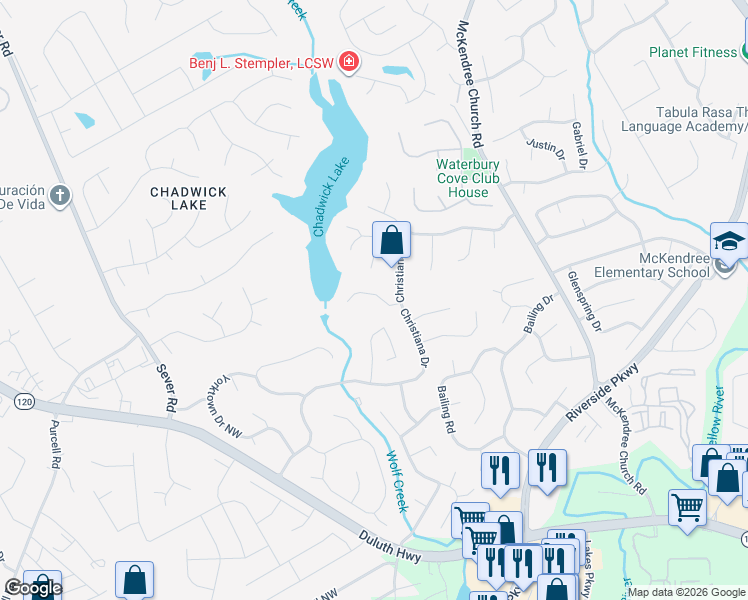 map of restaurants, bars, coffee shops, grocery stores, and more near 1128 Christiana Crossing in Lawrenceville