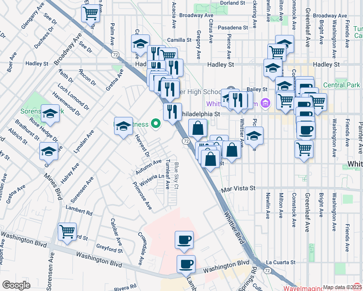map of restaurants, bars, coffee shops, grocery stores, and more near 12090 Whittier Boulevard in Whittier