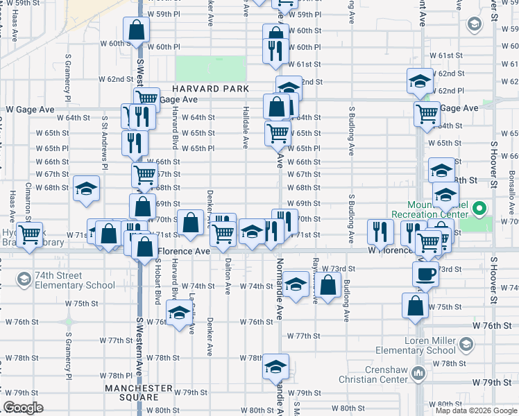 map of restaurants, bars, coffee shops, grocery stores, and more near 1438 West 69th Street in Los Angeles