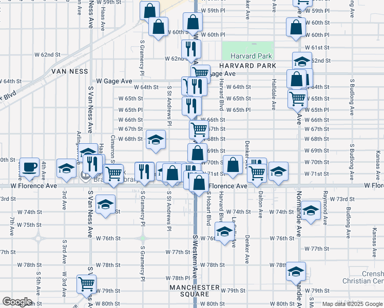 map of restaurants, bars, coffee shops, grocery stores, and more near 6901 South Western Avenue in Los Angeles