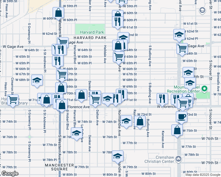 map of restaurants, bars, coffee shops, grocery stores, and more near 1438 West 69th Street in Los Angeles
