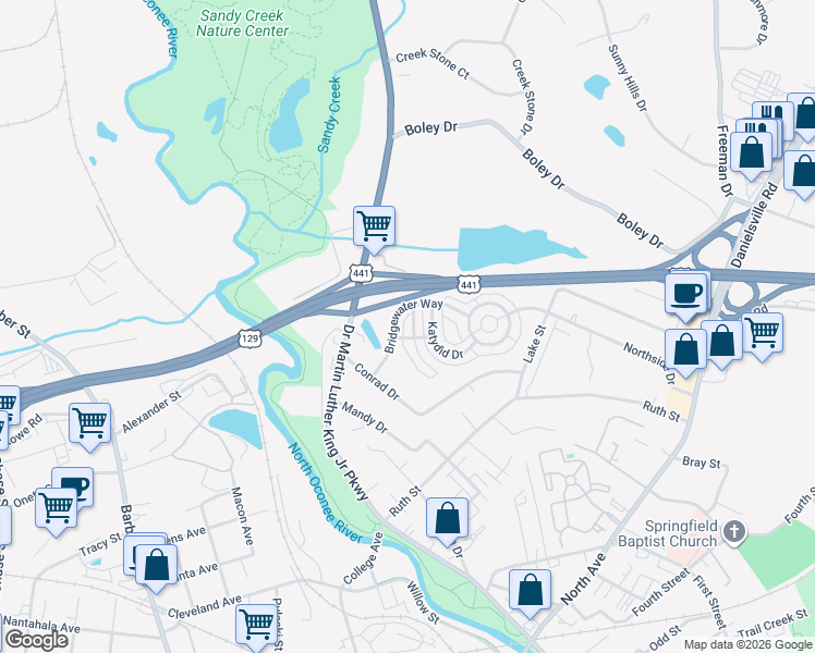 map of restaurants, bars, coffee shops, grocery stores, and more near 124 Fern Ridge Court in Athens