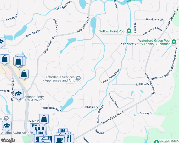 map of restaurants, bars, coffee shops, grocery stores, and more near 1189 Forest Brook Court in Marietta