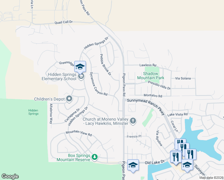 map of restaurants, bars, coffee shops, grocery stores, and more near 9958 Whitewater Road in Moreno Valley