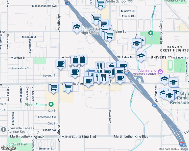 map of restaurants, bars, coffee shops, grocery stores, and more near 1393 University Avenue in Riverside