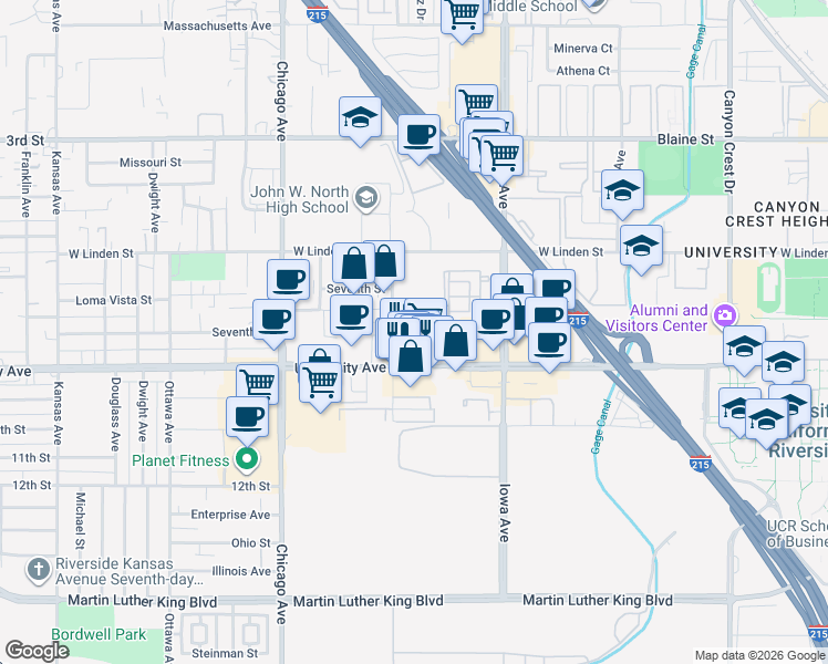 map of restaurants, bars, coffee shops, grocery stores, and more near 1480 Seventh Street in Riverside
