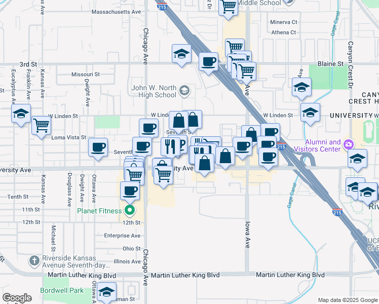 map of restaurants, bars, coffee shops, grocery stores, and more near 1555 University Avenue in Riverside
