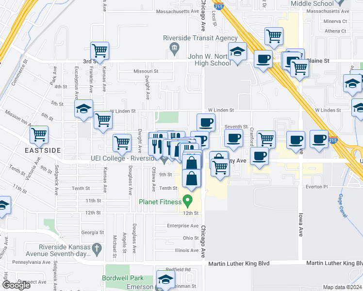 map of restaurants, bars, coffee shops, grocery stores, and more near 3725 Mesa Street in Riverside