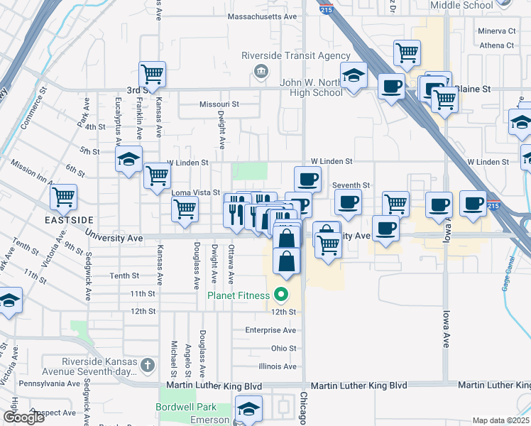map of restaurants, bars, coffee shops, grocery stores, and more near 3725 Mesa Street in Riverside