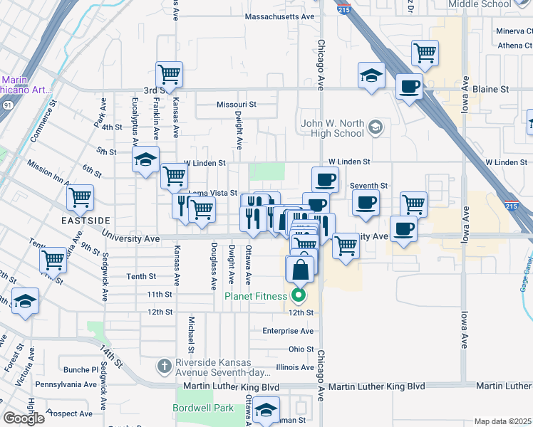 map of restaurants, bars, coffee shops, grocery stores, and more near 3724 Ottawa Avenue in Riverside