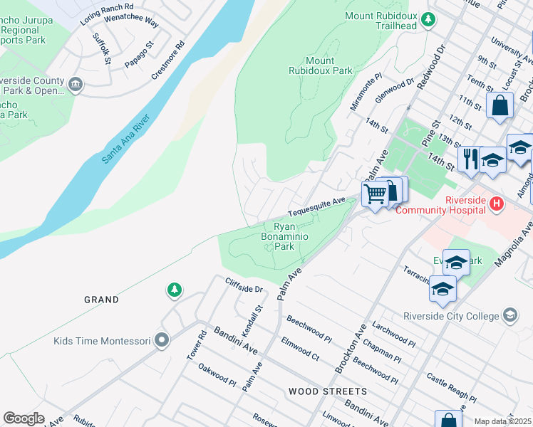 map of restaurants, bars, coffee shops, grocery stores, and more near 4810 Elderwood Court in Riverside