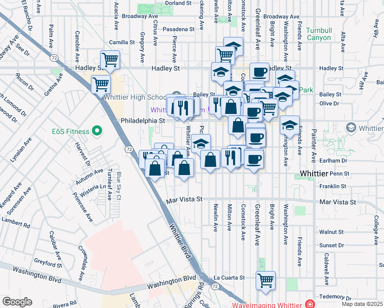 map of restaurants, bars, coffee shops, grocery stores, and more near 7229 Pickering Avenue in Whittier