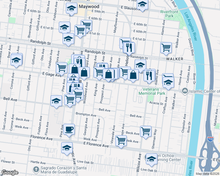 map of restaurants, bars, coffee shops, grocery stores, and more near 6500 Mayflower Avenue in Bell
