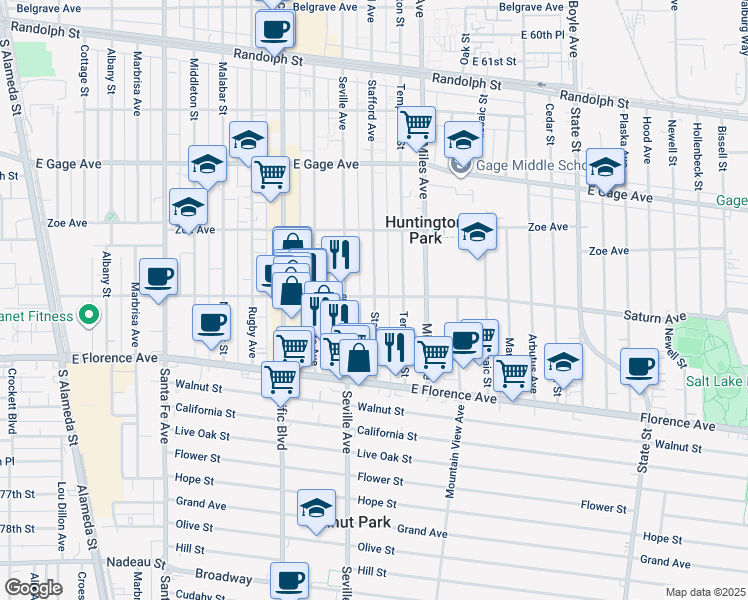 map of restaurants, bars, coffee shops, grocery stores, and more near 6910 Stafford Avenue in Huntington Park