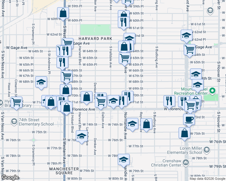 map of restaurants, bars, coffee shops, grocery stores, and more near 1451 West 70th Street in Los Angeles