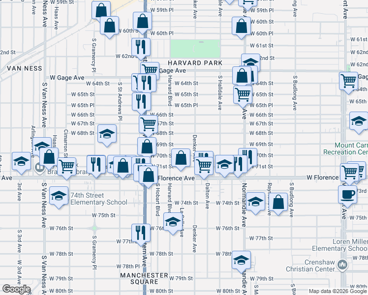 map of restaurants, bars, coffee shops, grocery stores, and more near 1605 West 70th Street in Los Angeles
