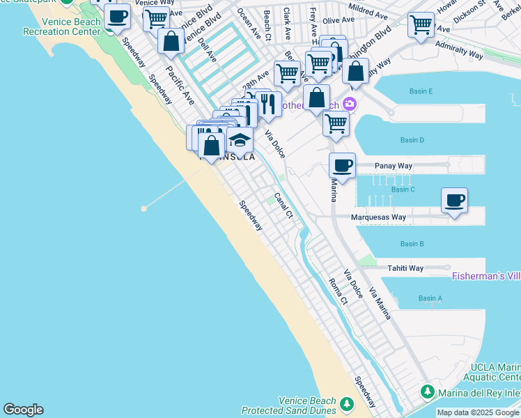 map of restaurants, bars, coffee shops, grocery stores, and more near 16 Eastwind Street in Marina del Rey