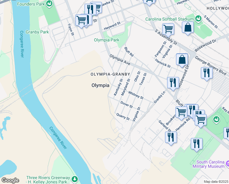 map of restaurants, bars, coffee shops, grocery stores, and more near 646 Kentucky Street in Columbia