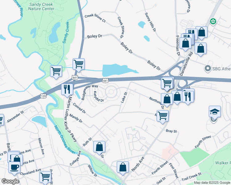 map of restaurants, bars, coffee shops, grocery stores, and more near 337 Bridgewater Circle in Athens