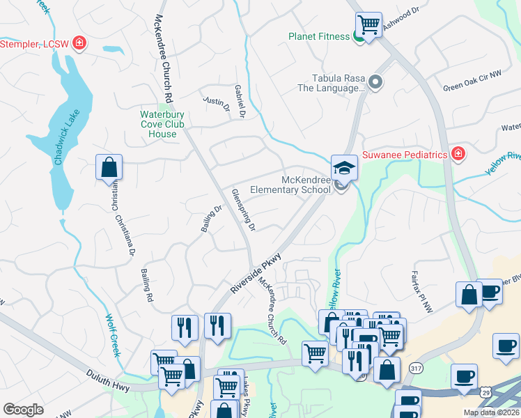 map of restaurants, bars, coffee shops, grocery stores, and more near 1426 Emerald Pine Court in Lawrenceville