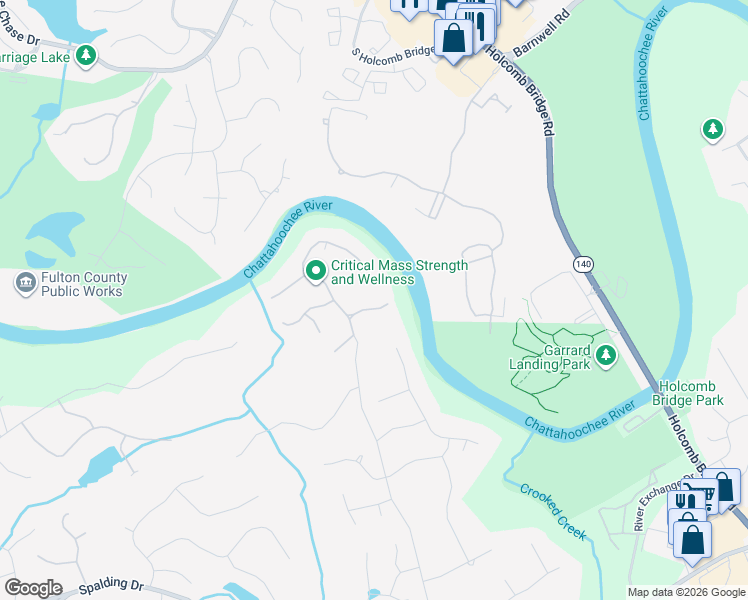 map of restaurants, bars, coffee shops, grocery stores, and more near 8131 Nesbit Ferry Road in Atlanta