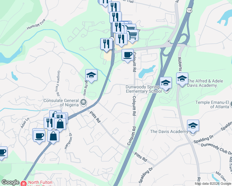 map of restaurants, bars, coffee shops, grocery stores, and more near 520 Granite Ridge Place in Atlanta