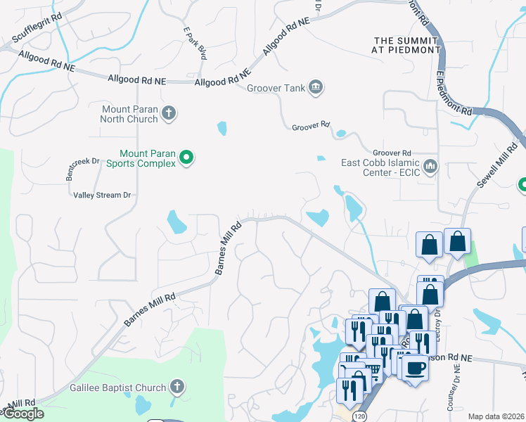 map of restaurants, bars, coffee shops, grocery stores, and more near 1865 Barnes Mill Road in Marietta