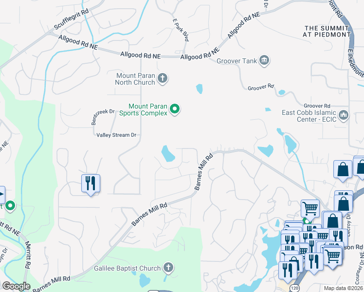 map of restaurants, bars, coffee shops, grocery stores, and more near 1759 Millview Drive Northeast in Marietta