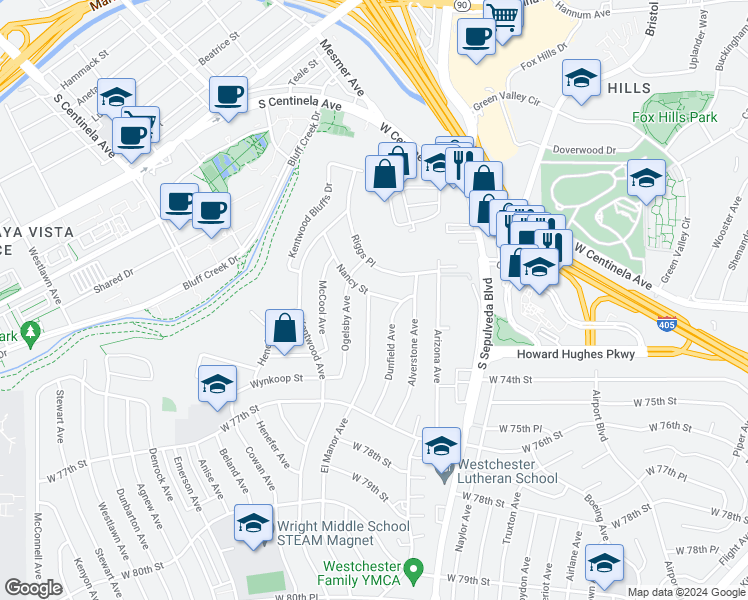 map of restaurants, bars, coffee shops, grocery stores, and more near 6376 Nancy Street in Los Angeles