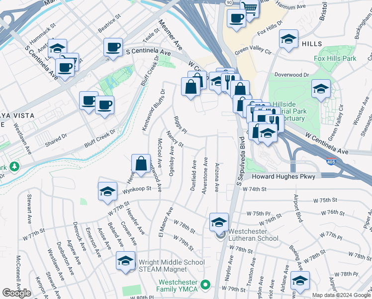 map of restaurants, bars, coffee shops, grocery stores, and more near 6376 Nancy Street in Los Angeles