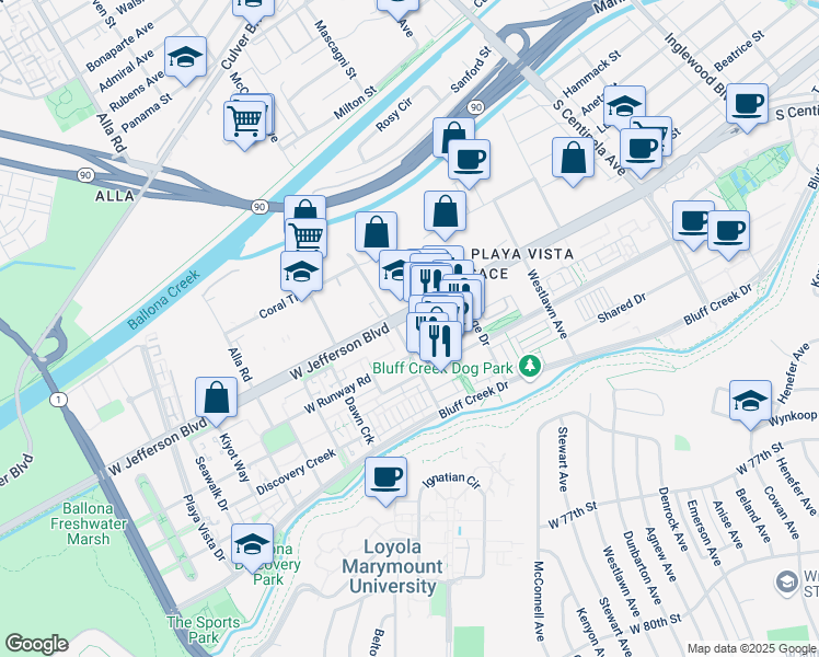 map of restaurants, bars, coffee shops, grocery stores, and more near 12775 Millennium Drive in Los Angeles