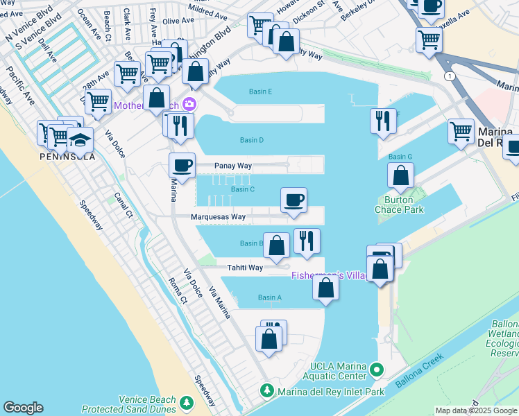 map of restaurants, bars, coffee shops, grocery stores, and more near 13967 Marquesas Way in Marina del Rey