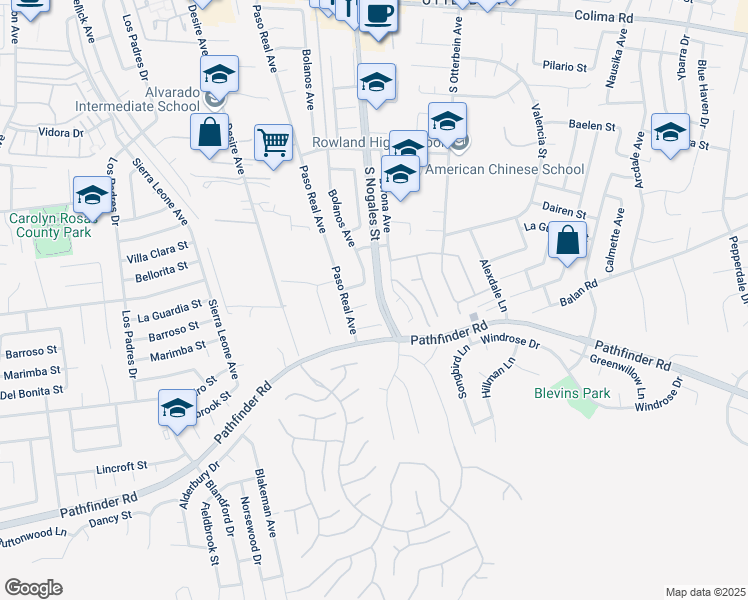 map of restaurants, bars, coffee shops, grocery stores, and more near 2235 Lerona Avenue in Rowland Heights