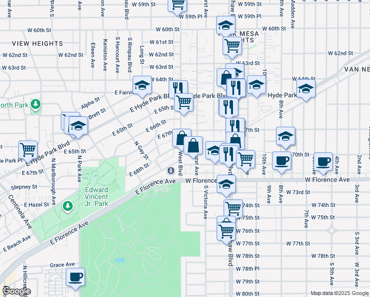 map of restaurants, bars, coffee shops, grocery stores, and more near 6808 West Boulevard in Los Angeles