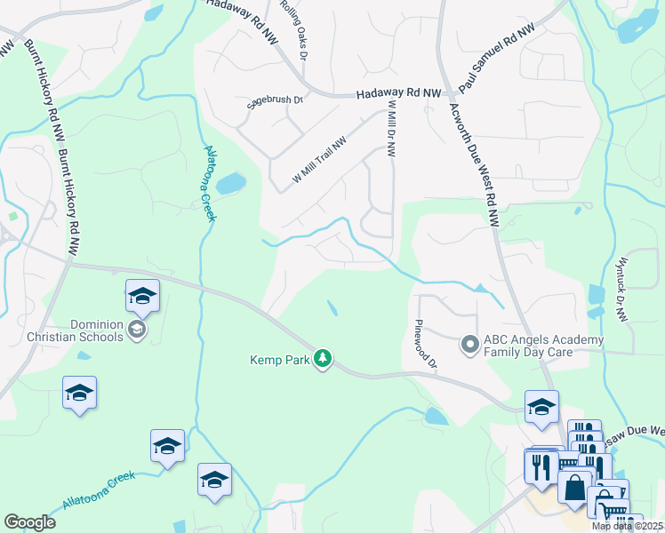 map of restaurants, bars, coffee shops, grocery stores, and more near 1034 West Mill Drive Northwest in Kennesaw