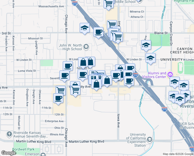 map of restaurants, bars, coffee shops, grocery stores, and more near 1480 Seventh Street in Riverside