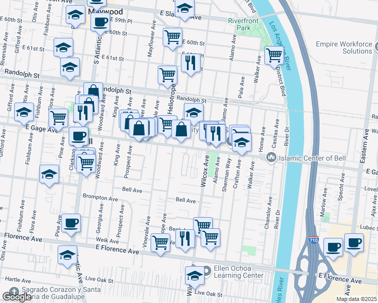 map of restaurants, bars, coffee shops, grocery stores, and more near 4874 East Gage Avenue in Bell