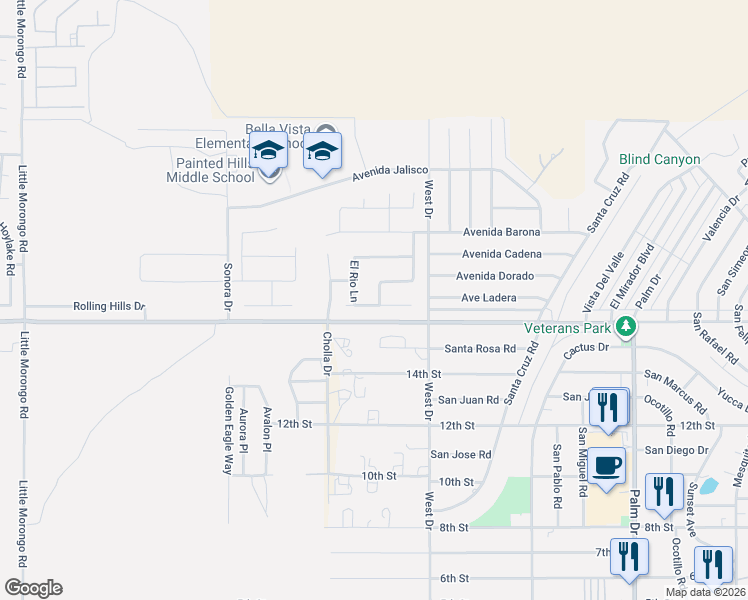 map of restaurants, bars, coffee shops, grocery stores, and more near 9939 Vía Real in Desert Hot Springs