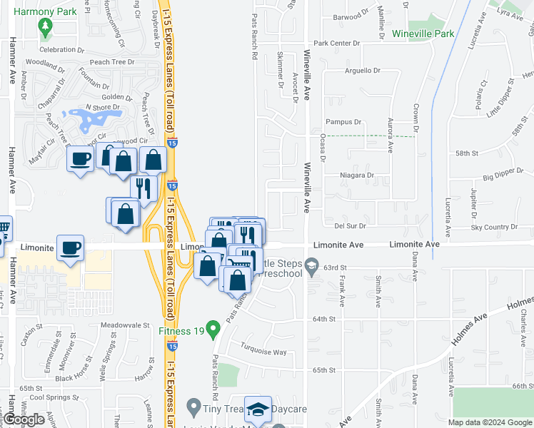 map of restaurants, bars, coffee shops, grocery stores, and more near Peregrine Drive in Jurupa Valley