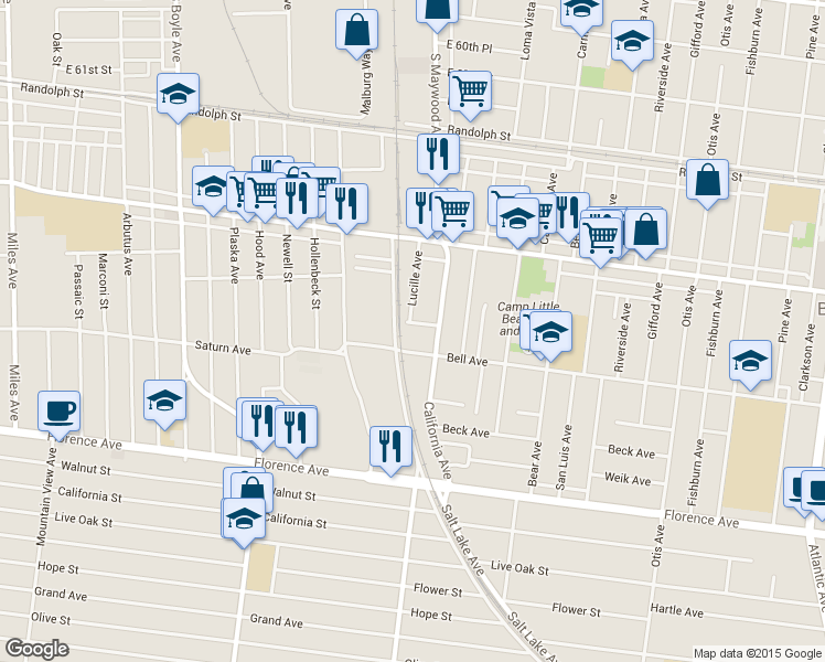 map of restaurants, bars, coffee shops, grocery stores, and more near 3510 Nevada Street in Bell