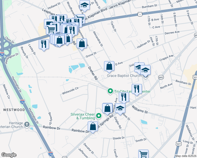 map of restaurants, bars, coffee shops, grocery stores, and more near 315 Dreher Road in West Columbia