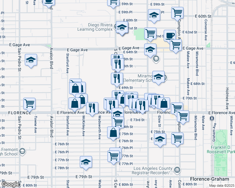 map of restaurants, bars, coffee shops, grocery stores, and more near 1128 East 70th Street in Los Angeles