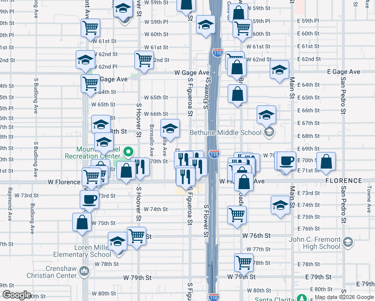 map of restaurants, bars, coffee shops, grocery stores, and more near 6917 South Figueroa Street in Los Angeles