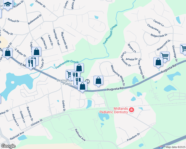 map of restaurants, bars, coffee shops, grocery stores, and more near 5422 Augusta Road in Lexington