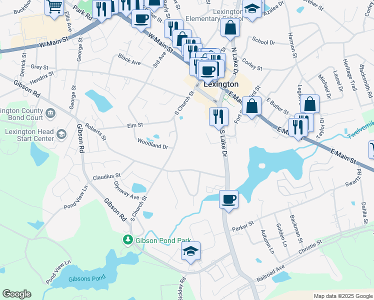 map of restaurants, bars, coffee shops, grocery stores, and more near 456 South Church Street in Lexington