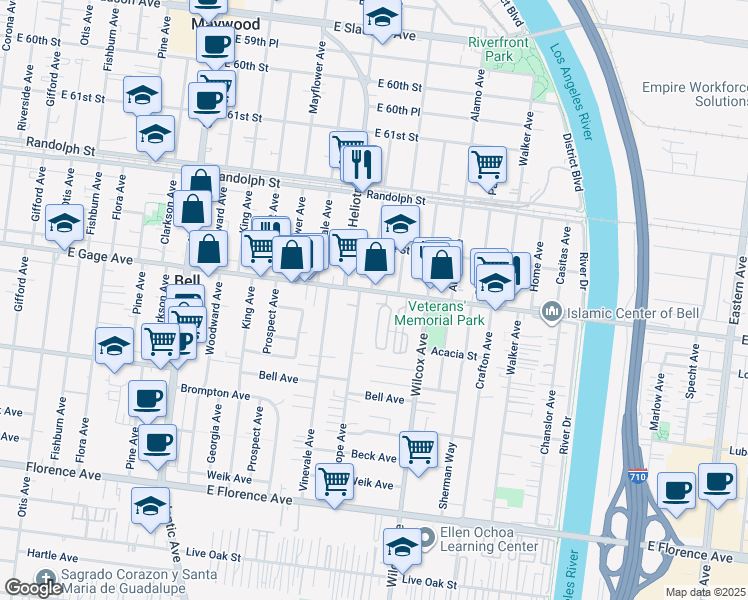 map of restaurants, bars, coffee shops, grocery stores, and more near 4850 Gage Avenue in Bell