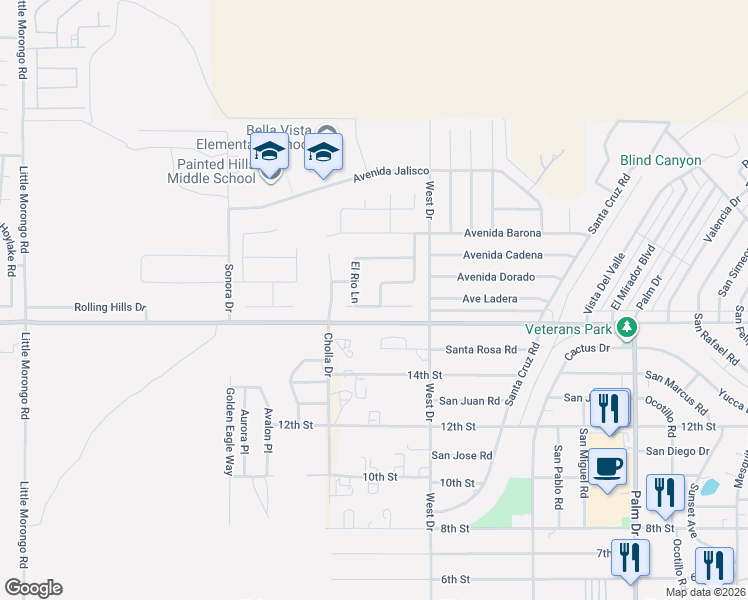 map of restaurants, bars, coffee shops, grocery stores, and more near 9939 Vía Real in Desert Hot Springs