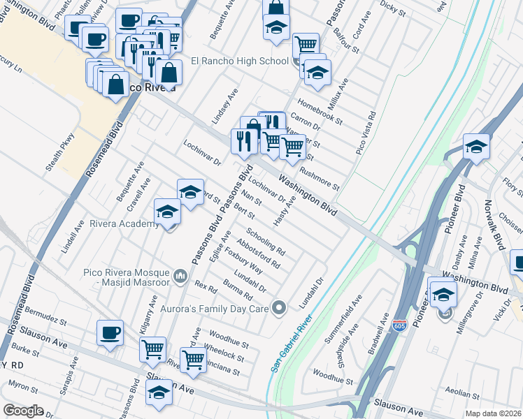 map of restaurants, bars, coffee shops, grocery stores, and more near 9512 Nan Street in Pico Rivera