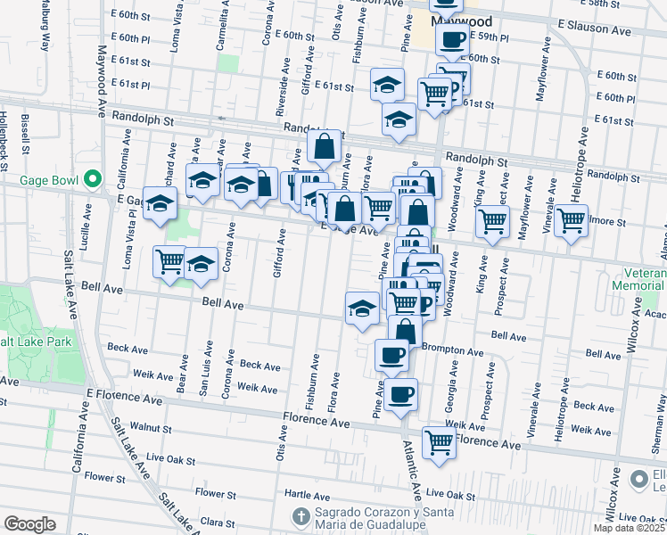 map of restaurants, bars, coffee shops, grocery stores, and more near 6605 Flora Avenue in Bell