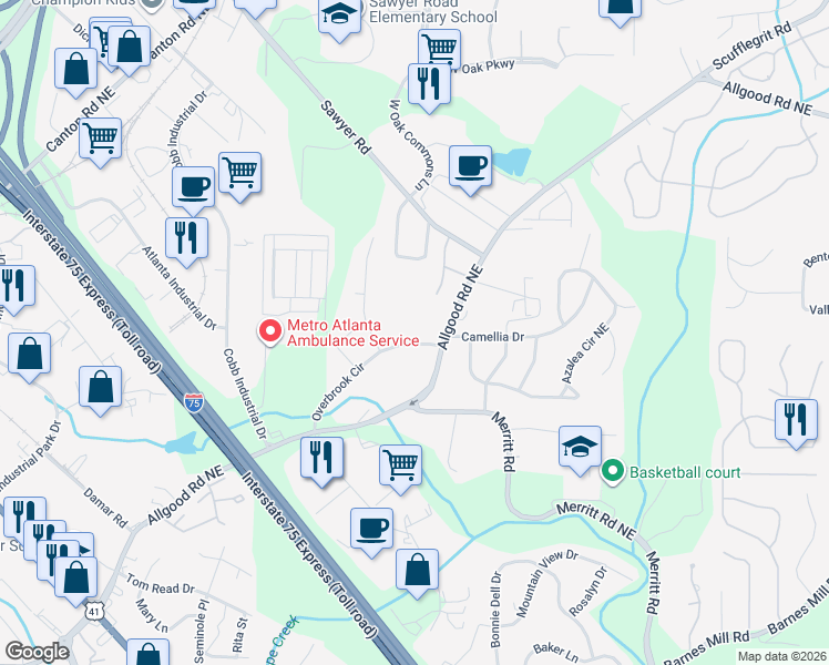map of restaurants, bars, coffee shops, grocery stores, and more near 991 Overbrook Circle in Marietta